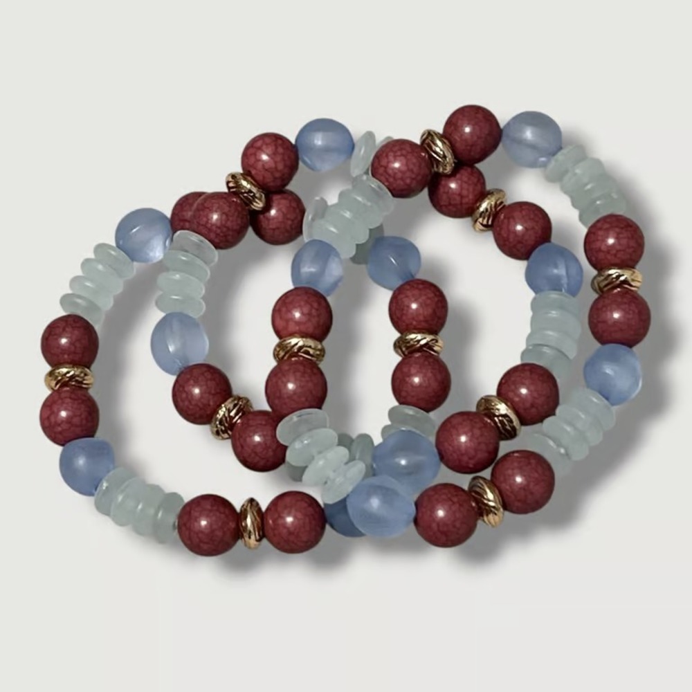 Vintage Beaded Stretch Bracelets Set of 3 Blue Purple Boho Stackable Jewelry